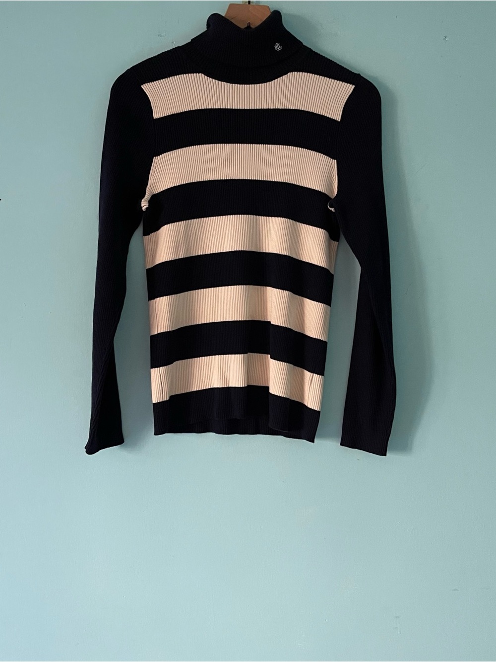 Lauren Ralph Lauren Bold Stripe Ribbed Turtleneck Sweater L Pullover
